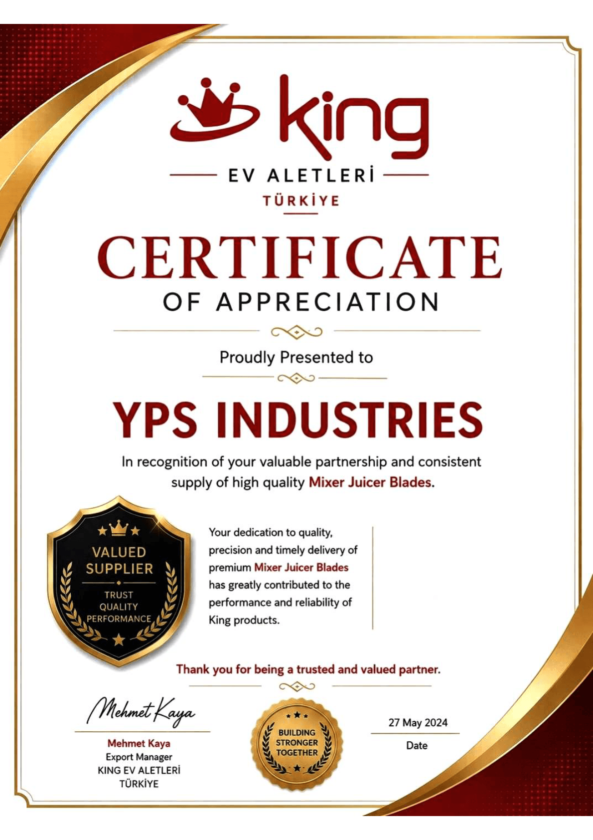 Valued Supplier — Certificate of Appreciation